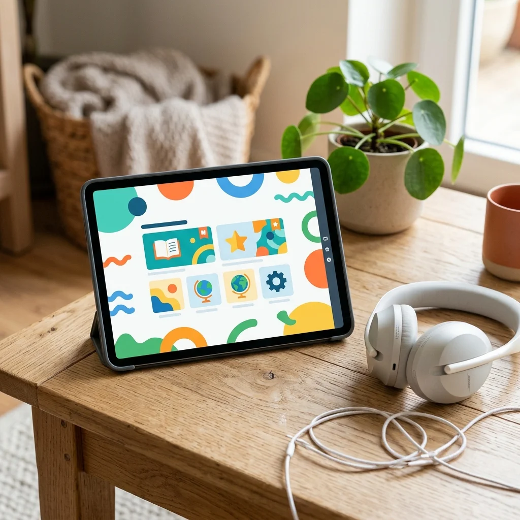 Tablet displaying e-learning interface with white headphones on a light desk